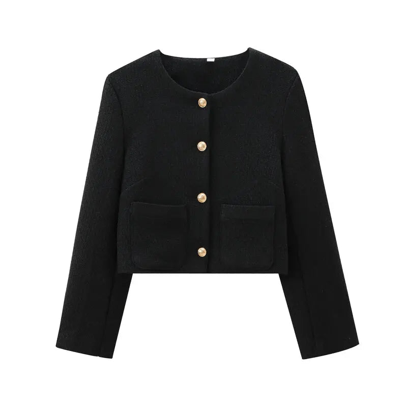 2024 Autumn New Women's Faion Coat Coarse Weave round Ne Outerwear Versatile Little Bla Dr Sle ort Outerwear
