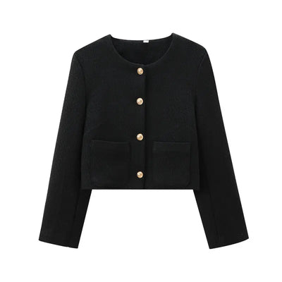2024 Autumn New Women's Faion Coat Coarse Weave round Ne Outerwear Versatile Little Bla Dr Sle ort Outerwear