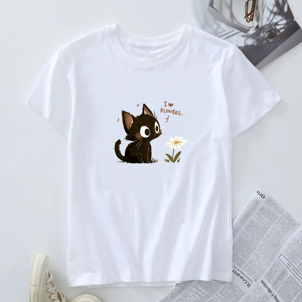 Women's Cotton T-shirt Fashion Kawaii Harajuku Cat Graphic T Shirts Summer Short Sleeve Female Tee Tops Woman Tshirt Clothing