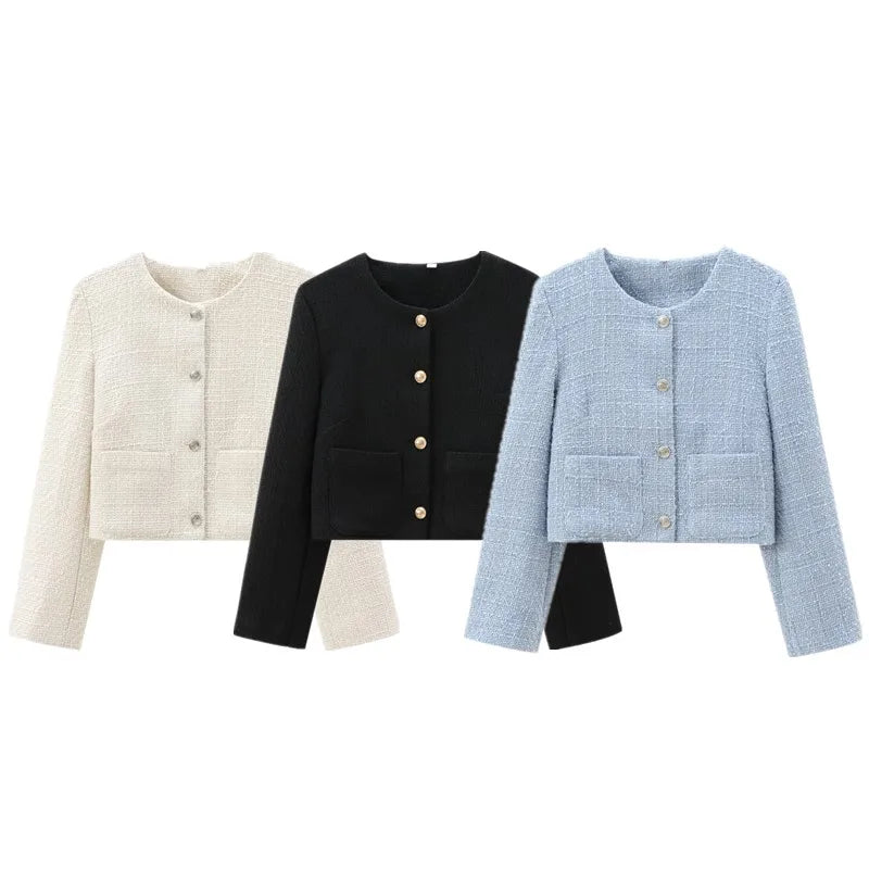 2024 Autumn New Women's Faion Coat Coarse Weave round Ne Outerwear Versatile Little Bla Dr Sle ort Outerwear