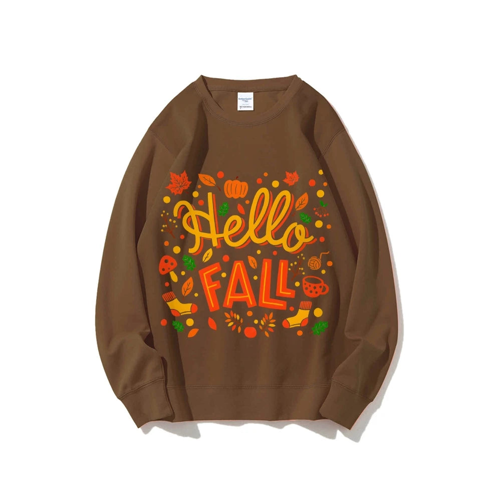 Graphic Sweatshirt Hello Fall Autumn Y2k Print Woman Sweatshirts Oversize Casual Wear Trendy Holiday Design Cheerful Clothes