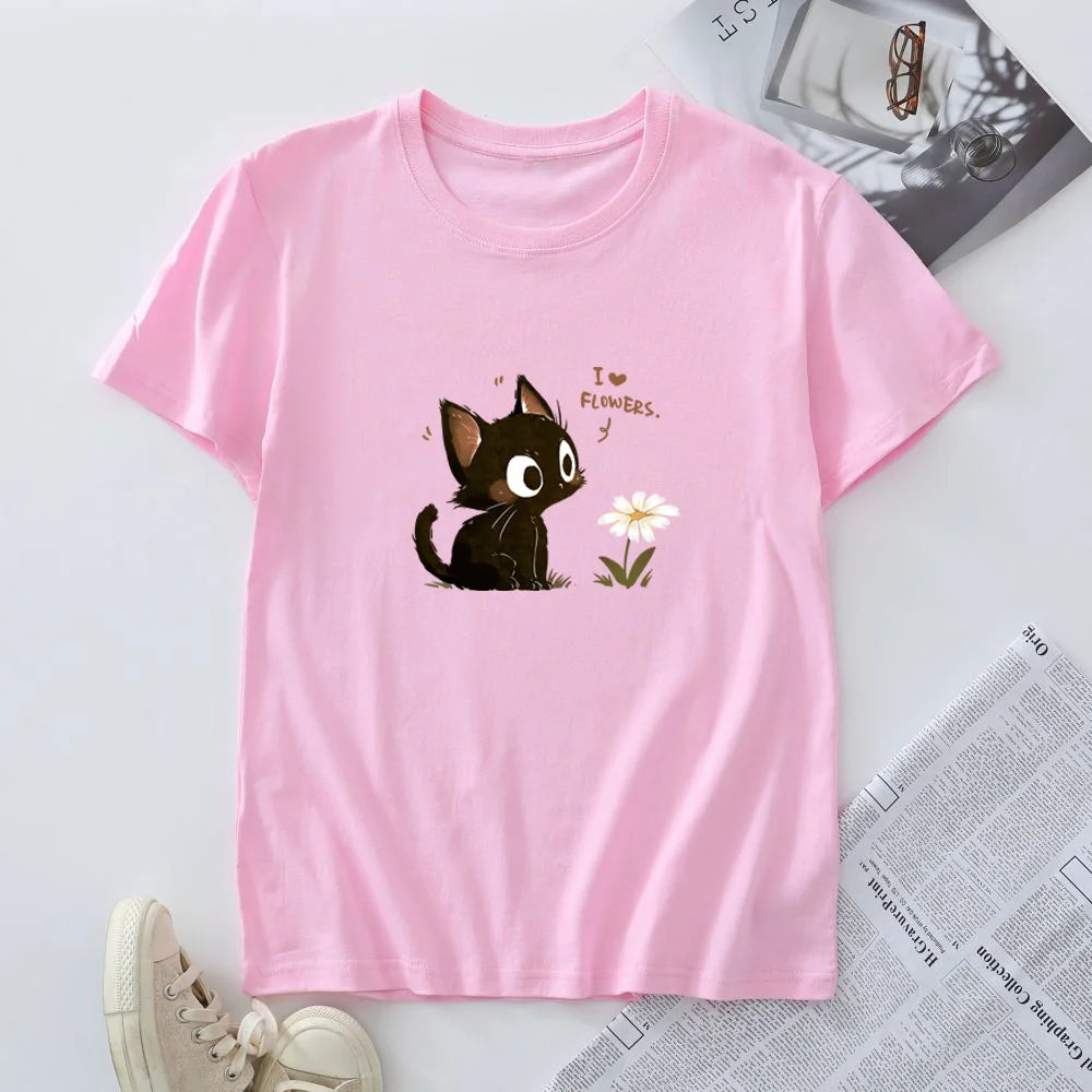 Women's Cotton T-shirt Fashion Kawaii Harajuku Cat Graphic T Shirts Summer Short Sleeve Female Tee Tops Woman Tshirt Clothing