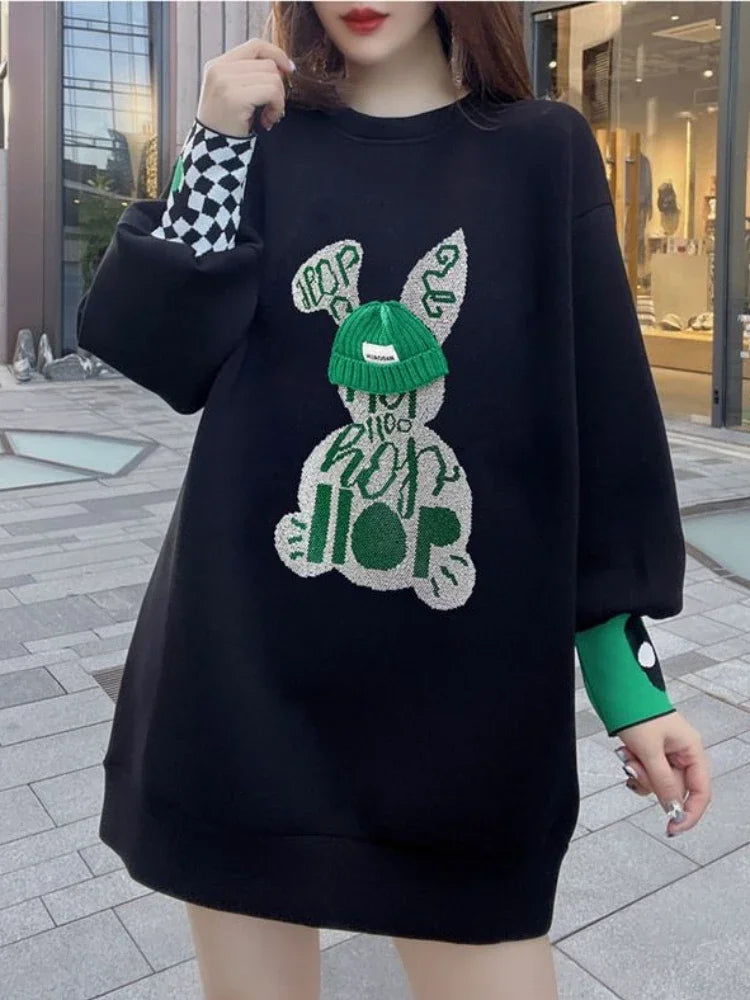Sweatshirt for Women BlackGraphic Long  Woman Tops Loose Embroidered Pullover Baggy Korean Popular Clothes Emo New in 2025 Trend