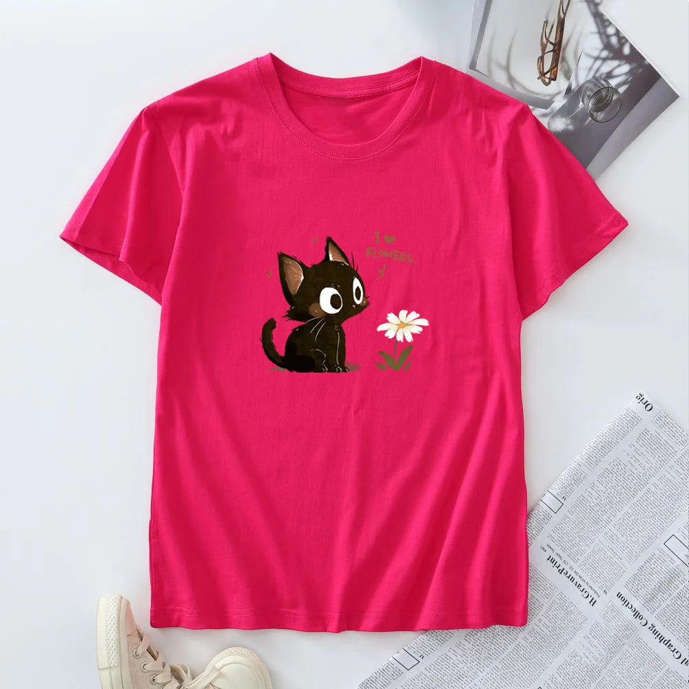Women's Cotton T-shirt Fashion Kawaii Harajuku Cat Graphic T Shirts Summer Short Sleeve Female Tee Tops Woman Tshirt Clothing