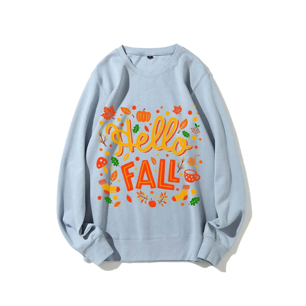 Graphic Sweatshirt Hello Fall Autumn Y2k Print Woman Sweatshirts Oversize Casual Wear Trendy Holiday Design Cheerful Clothes
