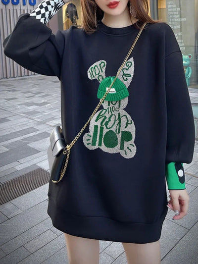 Sweatshirt for Women BlackGraphic Long  Woman Tops Loose Embroidered Pullover Baggy Korean Popular Clothes Emo New in 2025 Trend