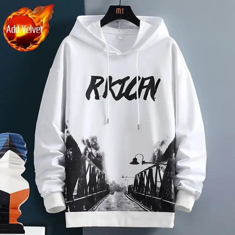 Graphic Hooded Sweatshirts for Man Punk Men's Clothing New Rock Hip Hop Sweat Shirt Korean Style Harajuku Fashion Warm Hoodies
