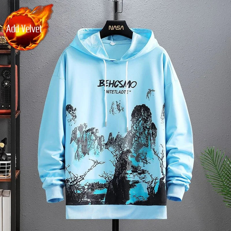 Graphic Hooded Sweatshirts for Man Punk Men's Clothing New Rock Hip Hop Sweat Shirt Korean Style Harajuku Fashion Warm Hoodies