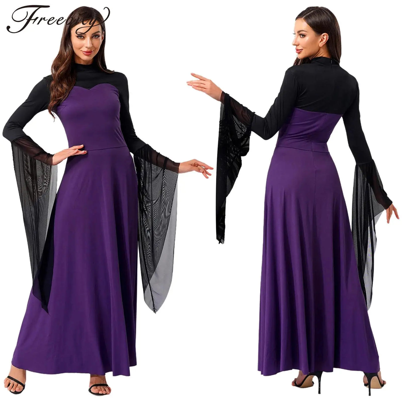 Women Halloween Wicked Queen Witch Vampire Cosplay Costume Flare Sleeve Mesh Cuffs Fancy Dress Carnival Theme Party Clothes
