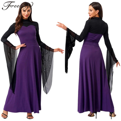 Women Halloween Wicked Queen Witch Vampire Cosplay Costume Flare Sleeve Mesh Cuffs Fancy Dress Carnival Theme Party Clothes