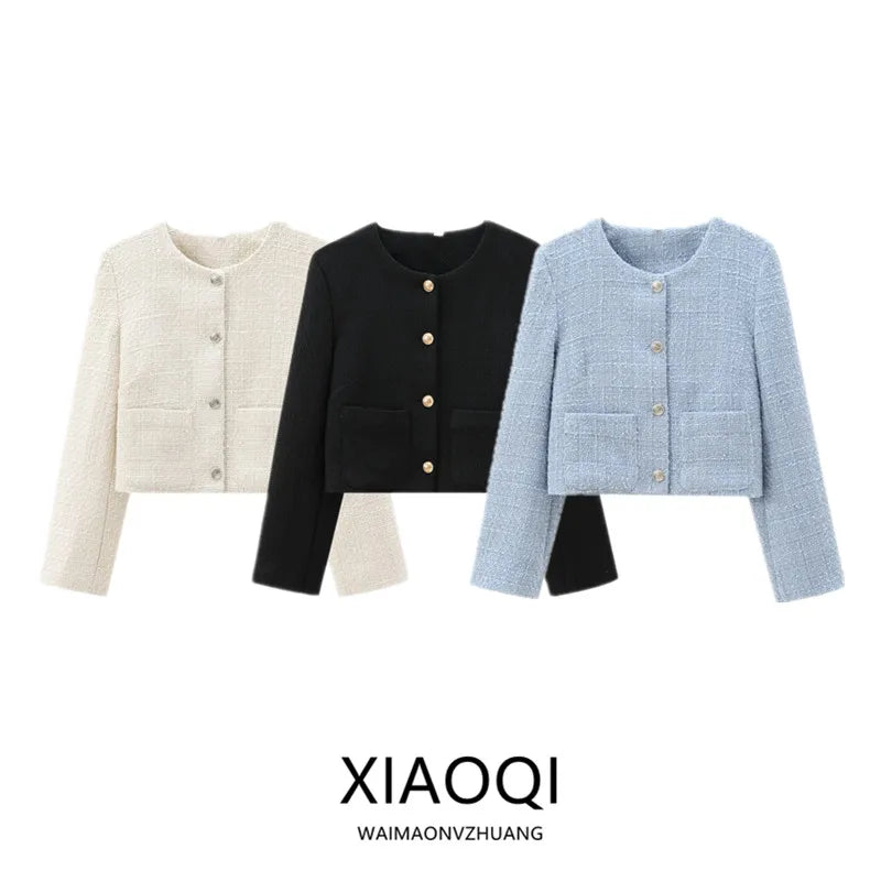 2024 Autumn New Women's Faion Coat Coarse Weave round Ne Outerwear Versatile Little Bla Dr Sle ort Outerwear