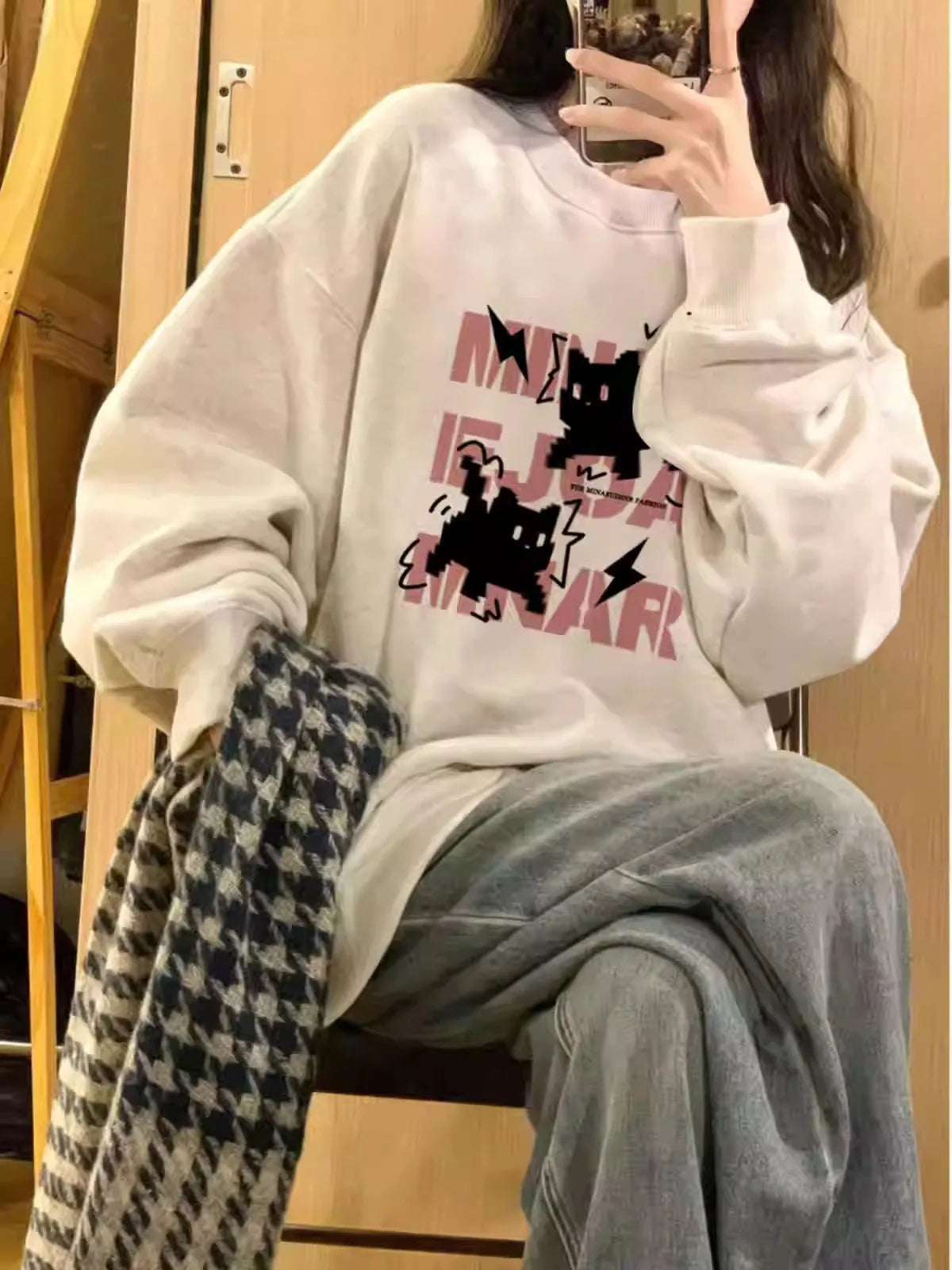 Women High Street Sweatshirt Flower Print Round Neck Long Sleeve Loose Casual College Versatile Study Top Autumn Winter Fashion