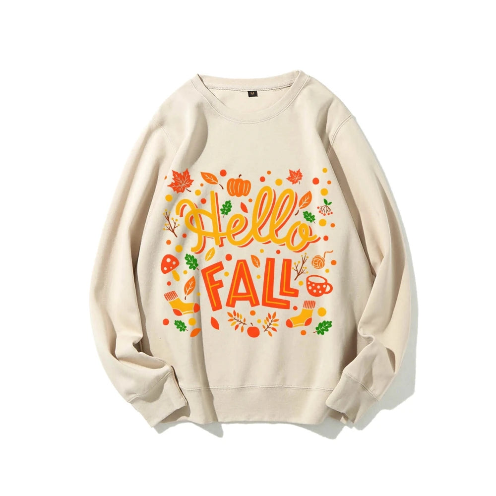 Graphic Sweatshirt Hello Fall Autumn Y2k Print Woman Sweatshirts Oversize Casual Wear Trendy Holiday Design Cheerful Clothes