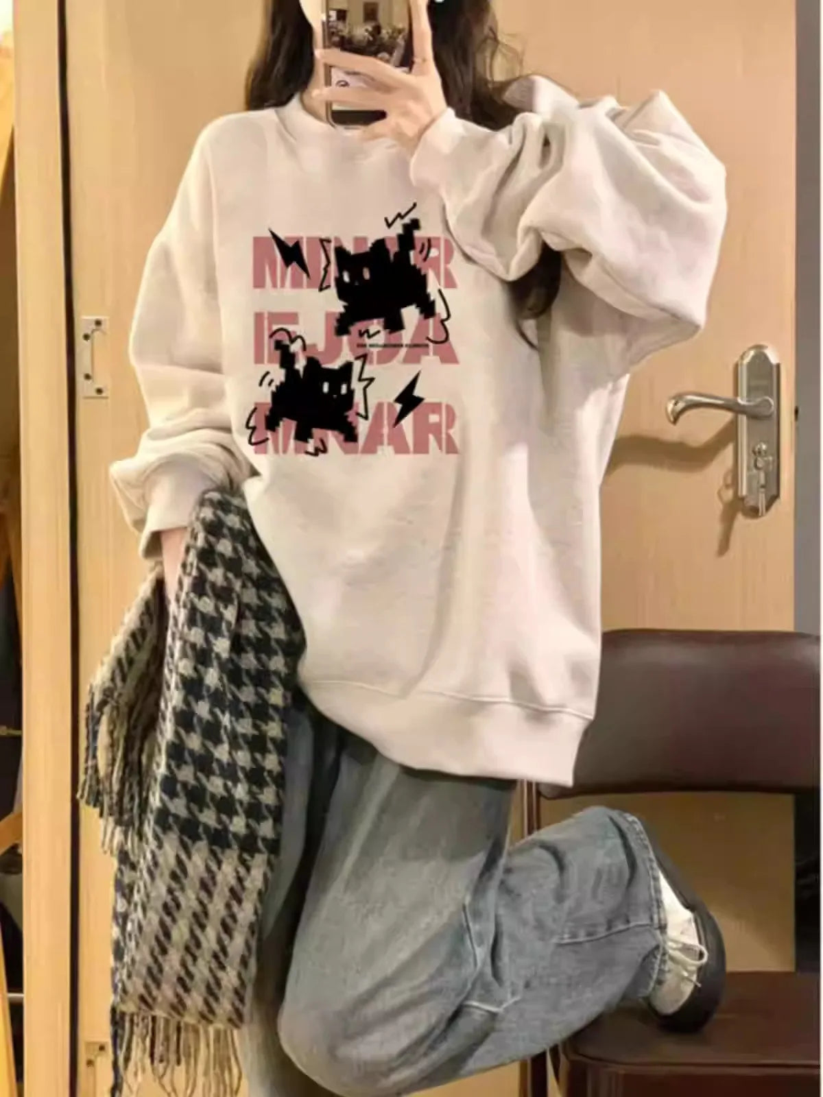 Women High Street Sweatshirt Flower Print Round Neck Long Sleeve Loose Casual College Versatile Study Top Autumn Winter Fashion