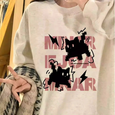 Women High Street Sweatshirt Flower Print Round Neck Long Sleeve Loose Casual College Versatile Study Top Autumn Winter Fashion