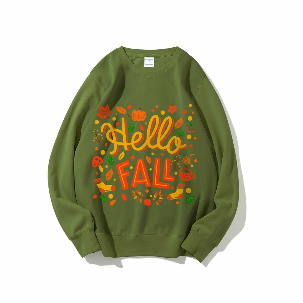 Graphic Sweatshirt Hello Fall Autumn Y2k Print Woman Sweatshirts Oversize Casual Wear Trendy Holiday Design Cheerful Clothes