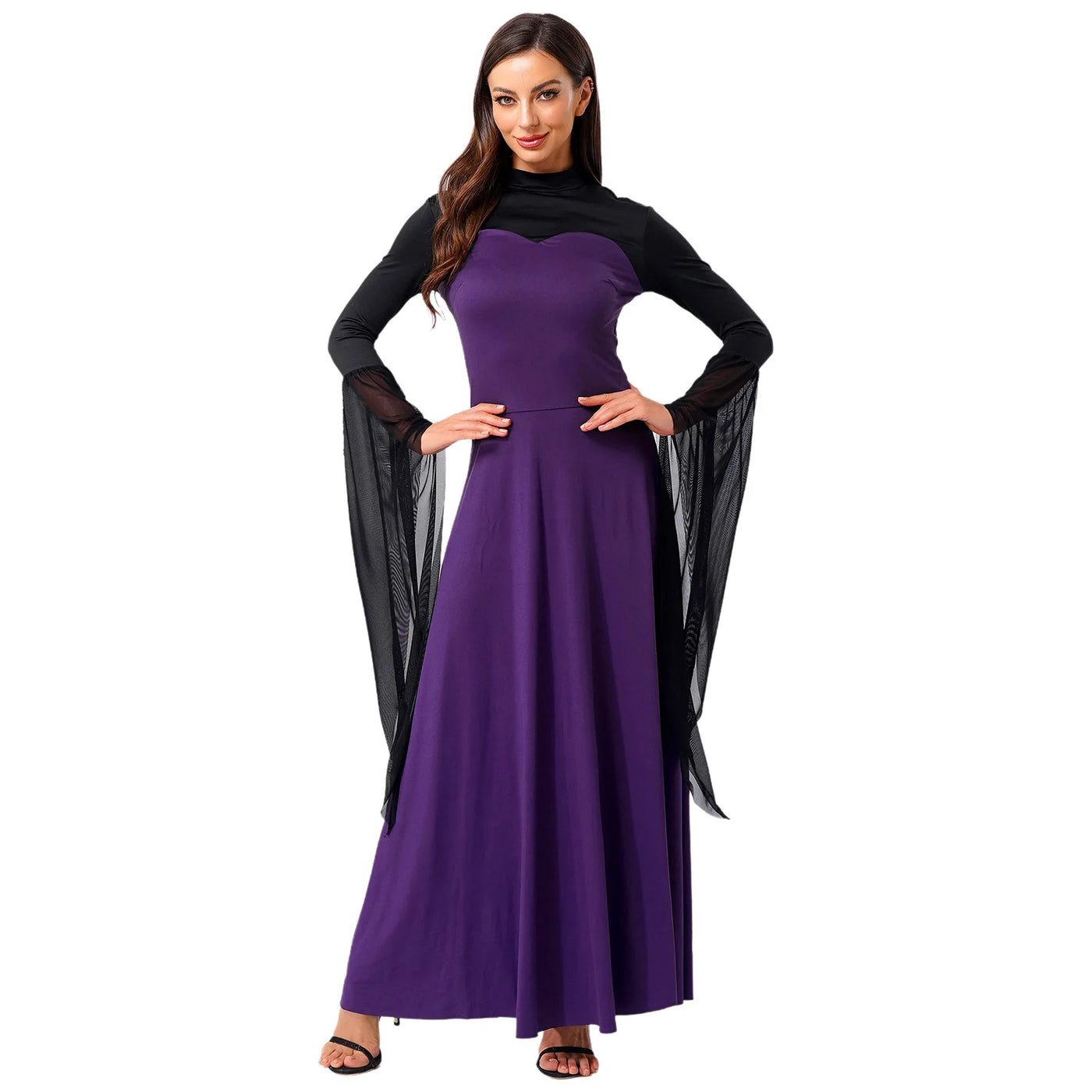 Women Halloween Wicked Queen Witch Vampire Cosplay Costume Flare Sleeve Mesh Cuffs Fancy Dress Carnival Theme Party Clothes