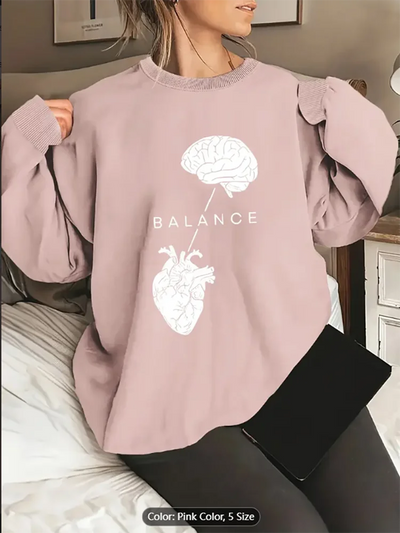 Womens Sweatshirt Balance Brain Heart Graphic Print Casual Oversized Pullover Top for Inspirational Style Lovers Pure Cotton