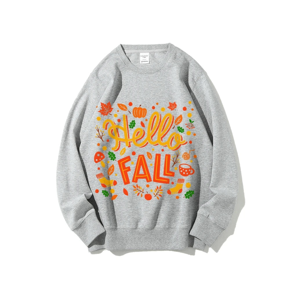 Graphic Sweatshirt Hello Fall Autumn Y2k Print Woman Sweatshirts Oversize Casual Wear Trendy Holiday Design Cheerful Clothes