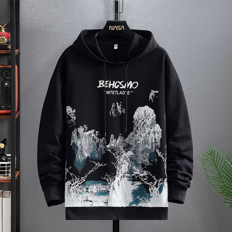 Graphic Hooded Sweatshirts for Man Punk Men's Clothing New Rock Hip Hop Sweat Shirt Korean Style Harajuku Fashion Warm Hoodies