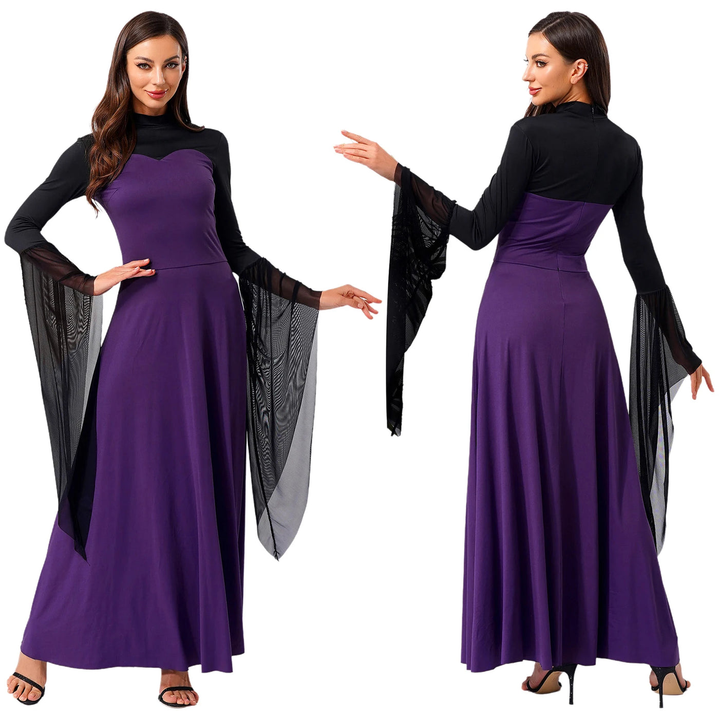 Women Halloween Wicked Queen Witch Vampire Cosplay Costume Flare Sleeve Mesh Cuffs Fancy Dress Carnival Theme Party Clothes