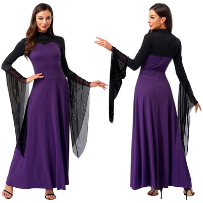 Women Halloween Wicked Queen Witch Vampire Cosplay Costume Flare Sleeve Mesh Cuffs Fancy Dress Carnival Theme Party Clothes