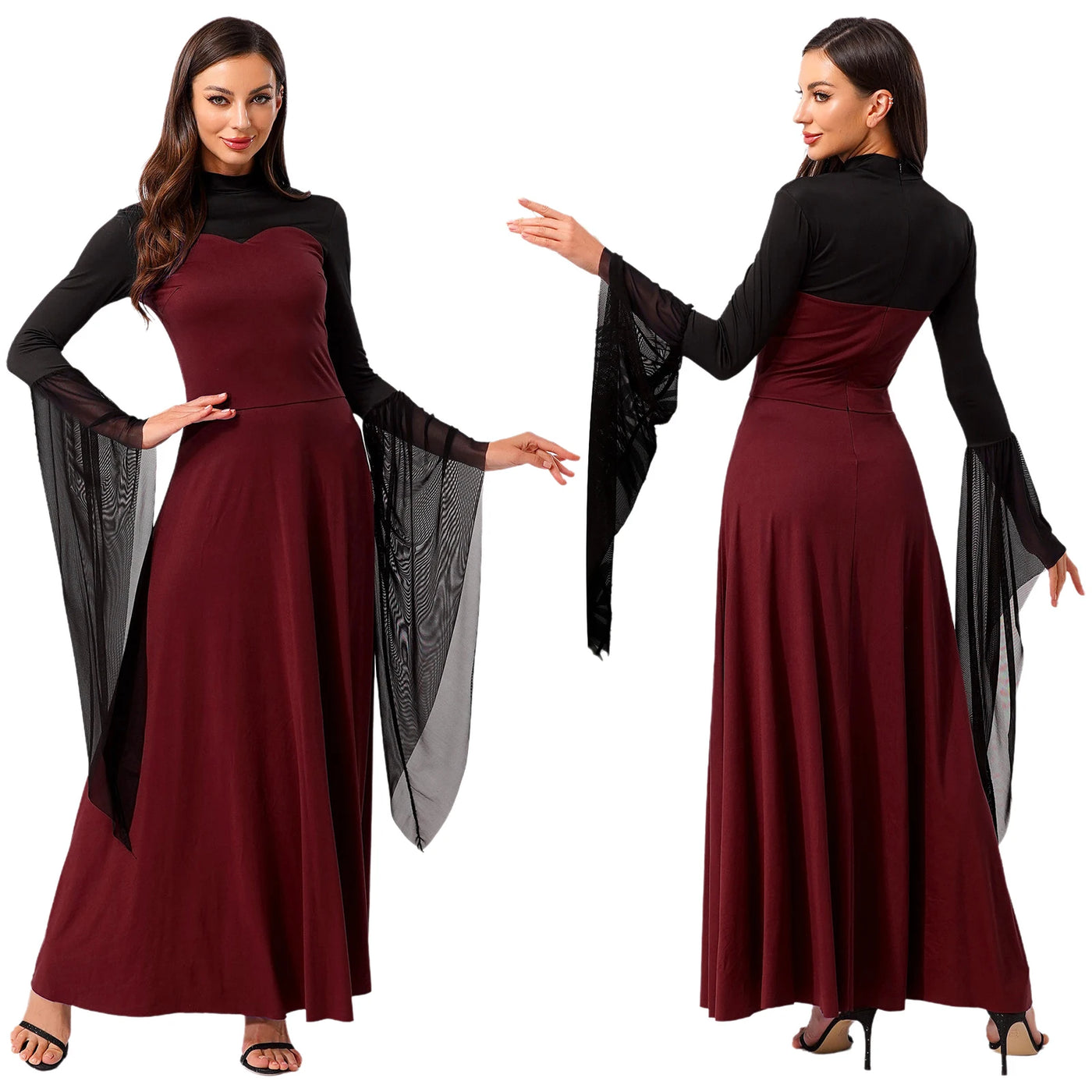 Women Halloween Wicked Queen Witch Vampire Cosplay Costume Flare Sleeve Mesh Cuffs Fancy Dress Carnival Theme Party Clothes