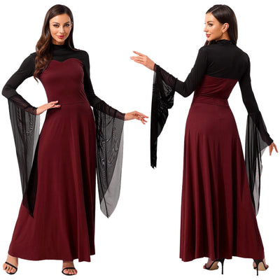 Women Halloween Wicked Queen Witch Vampire Cosplay Costume Flare Sleeve Mesh Cuffs Fancy Dress Carnival Theme Party Clothes