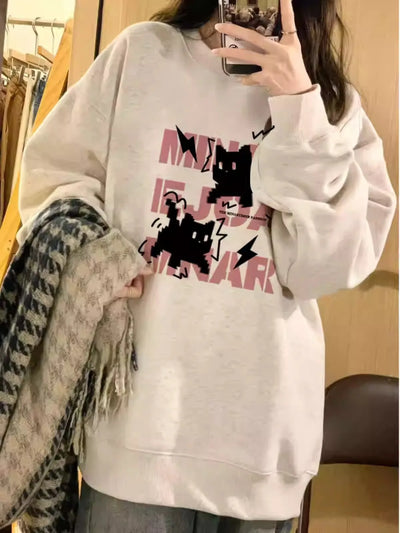 Women High Street Sweatshirt Flower Print Round Neck Long Sleeve Loose Casual College Versatile Study Top Autumn Winter Fashion