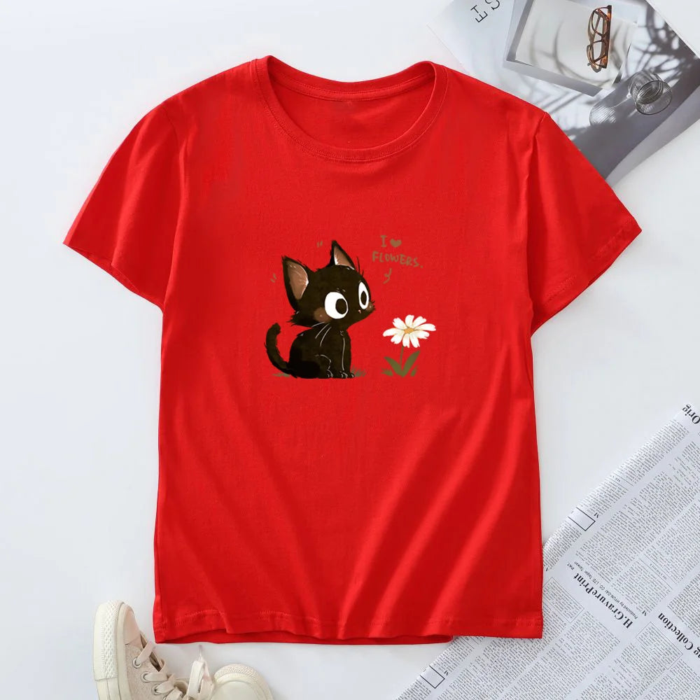 Women's Cotton T-shirt Fashion Kawaii Harajuku Cat Graphic T Shirts Summer Short Sleeve Female Tee Tops Woman Tshirt Clothing