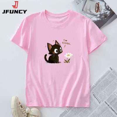 Women's Cotton T-shirt Fashion Kawaii Harajuku Cat Graphic T Shirts Summer Short Sleeve Female Tee Tops Woman Tshirt Clothing