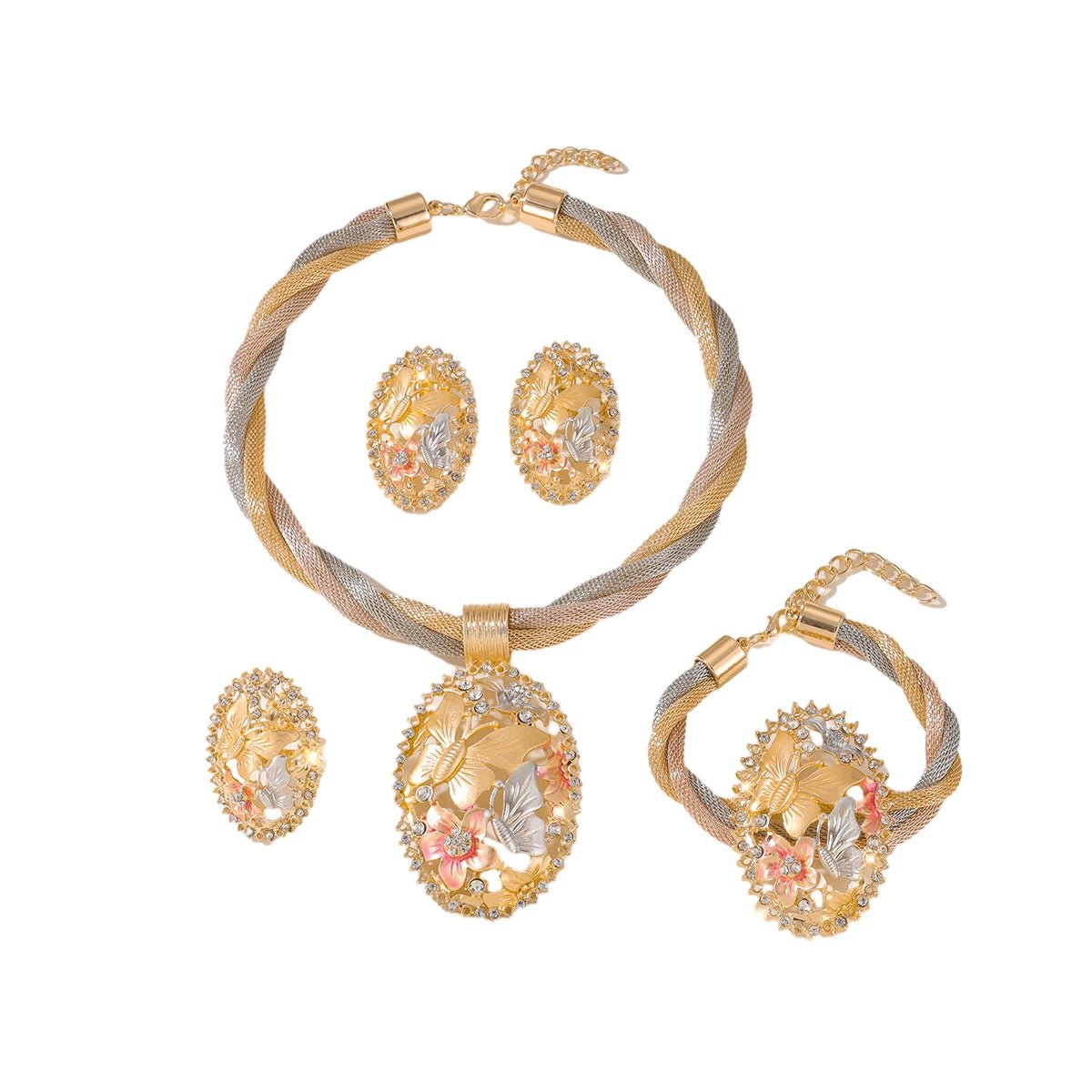 Dubai Jewelry Sets Tassels Necklace for Women Crystal Bracelet Gifts Charm Bridal Earrings Ring Wedding Accessories