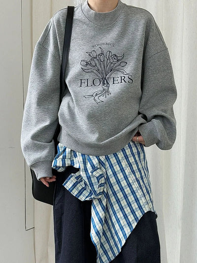 Flower Graphic Oversized Sweatshirt For Women Autumn Lazy Style Top