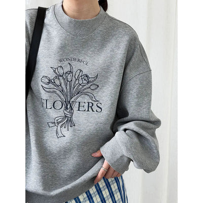 Flower Graphic Oversized Sweatshirt For Women Autumn Lazy Style Top