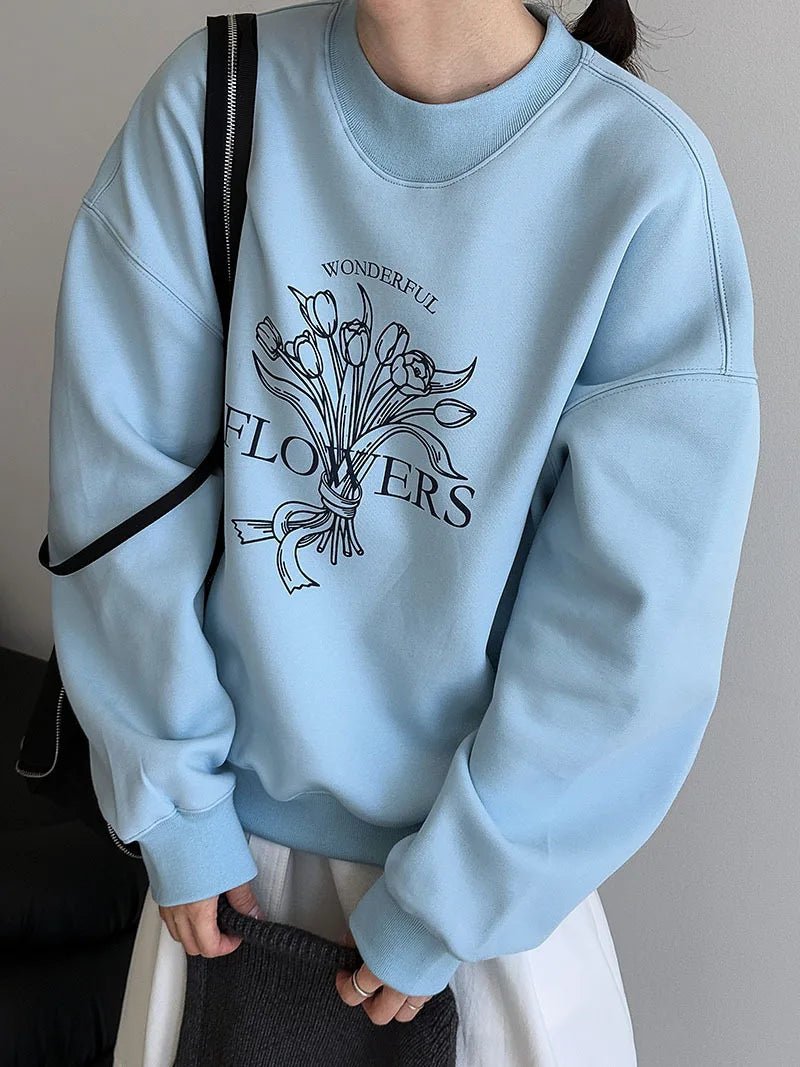 Flower Graphic Oversized Sweatshirt For Women Autumn Lazy Style Top