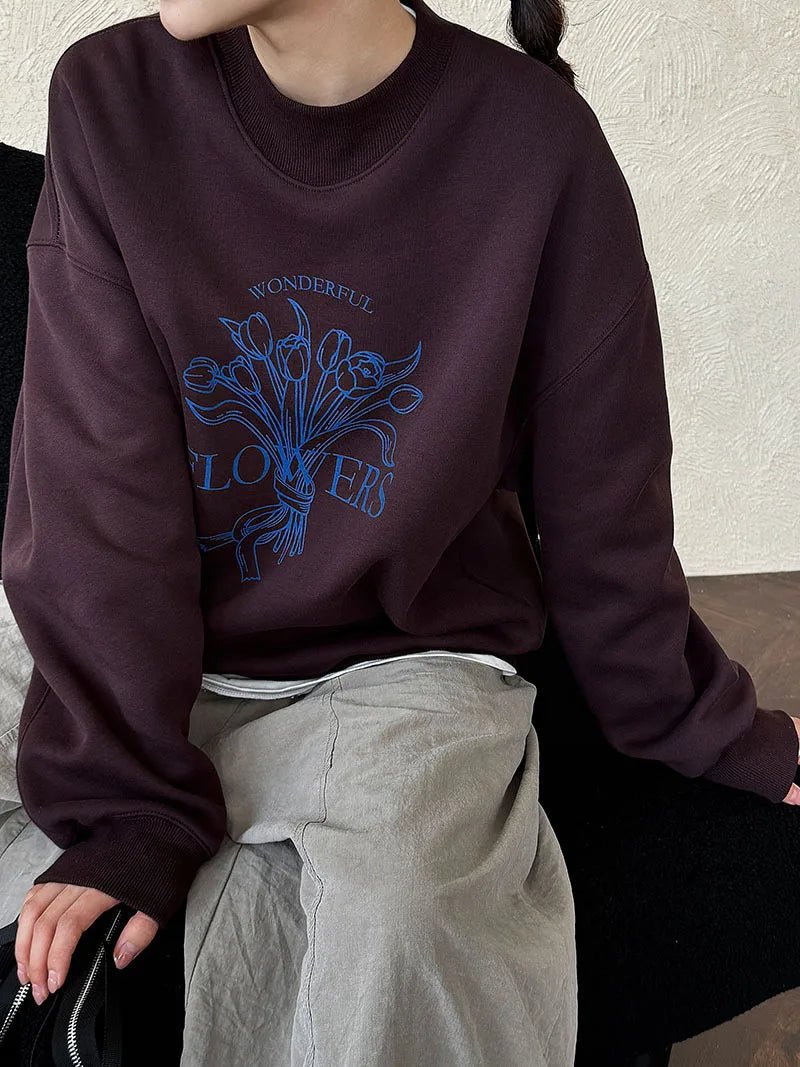 Flower Graphic Oversized Sweatshirt For Women Autumn Lazy Style Top