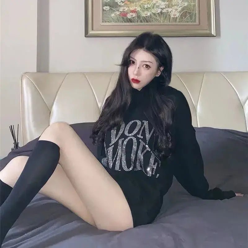 Graphic Black Sweatshirts for Women Rhinestone Sequin Grunge Glitter Hoodies Tops Female Clothes Hooded Sweat-shirt Essential E