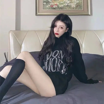 Graphic Black Sweatshirts for Women Rhinestone Sequin Grunge Glitter Hoodies Tops Female Clothes Hooded Sweat-shirt Essential E