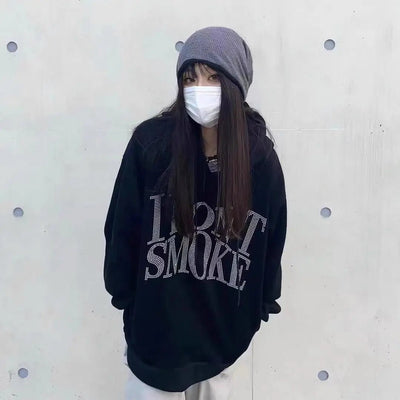 Graphic Black Sweatshirts for Women Rhinestone Sequin Grunge Glitter Hoodies Tops Female Clothes Hooded Sweat-shirt Essential E