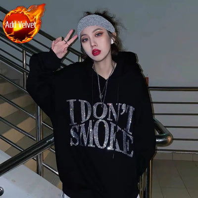 Graphic Black Sweatshirts for Women Rhinestone Sequin Grunge Glitter Hoodies Tops Female Clothes Hooded Sweat-shirt Essential E