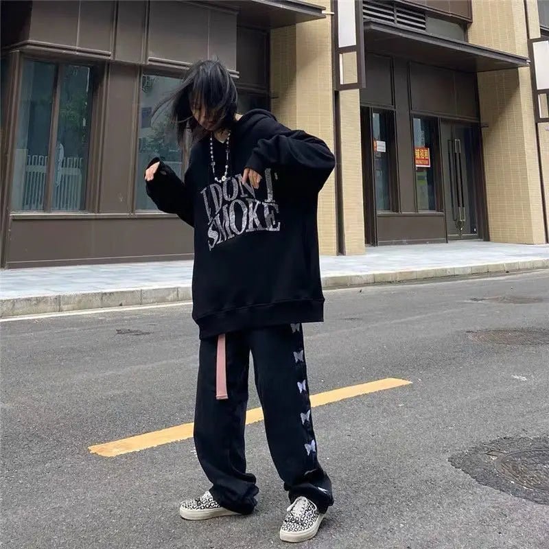 Graphic Black Sweatshirts for Women Rhinestone Sequin Grunge Glitter Hoodies Tops Female Clothes Hooded Sweat-shirt Essential E