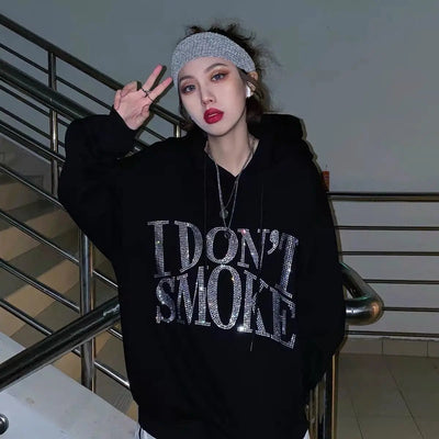 Graphic Black Sweatshirts for Women Rhinestone Sequin Grunge Glitter Hoodies Tops Female Clothes Hooded Sweat-shirt Essential E