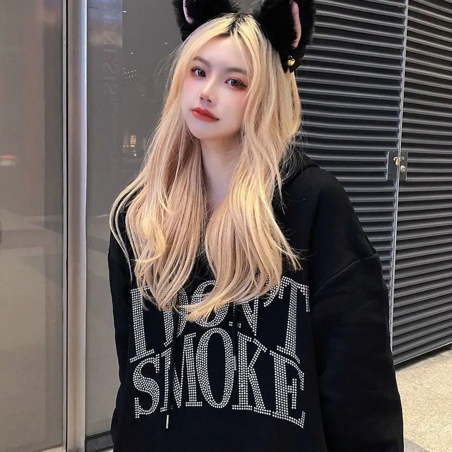 Graphic Black Sweatshirts for Women Rhinestone Sequin Grunge Glitter Hoodies Tops Female Clothes Hooded Sweat-shirt Essential E