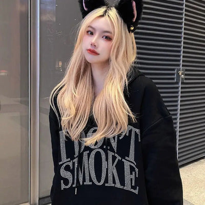 Graphic Black Sweatshirts for Women Rhinestone Sequin Grunge Glitter Hoodies Tops Female Clothes Hooded Sweat-shirt Essential E