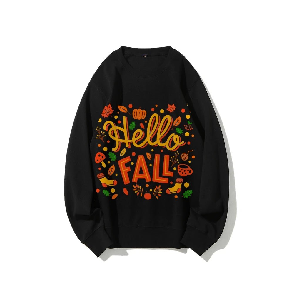 Graphic Sweatshirt Hello Fall Autumn Y2k Print Woman Sweatshirts Oversize Casual Wear Trendy Holiday Design Cheerful Clothes