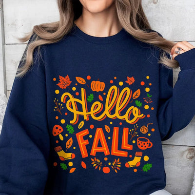 Graphic Sweatshirt Hello Fall Autumn Y2k Print Woman Sweatshirts Oversize Casual Wear Trendy Holiday Design Cheerful Clothes
