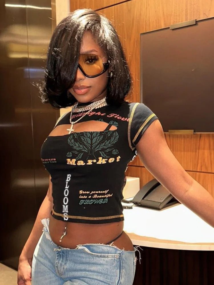 Graphic T Shirts For Women Streetwear Hollow Out Crop Top Women Y2k Clothes Short Sleeve Ropa Mujer Slim Camisetas Summer Outfit
