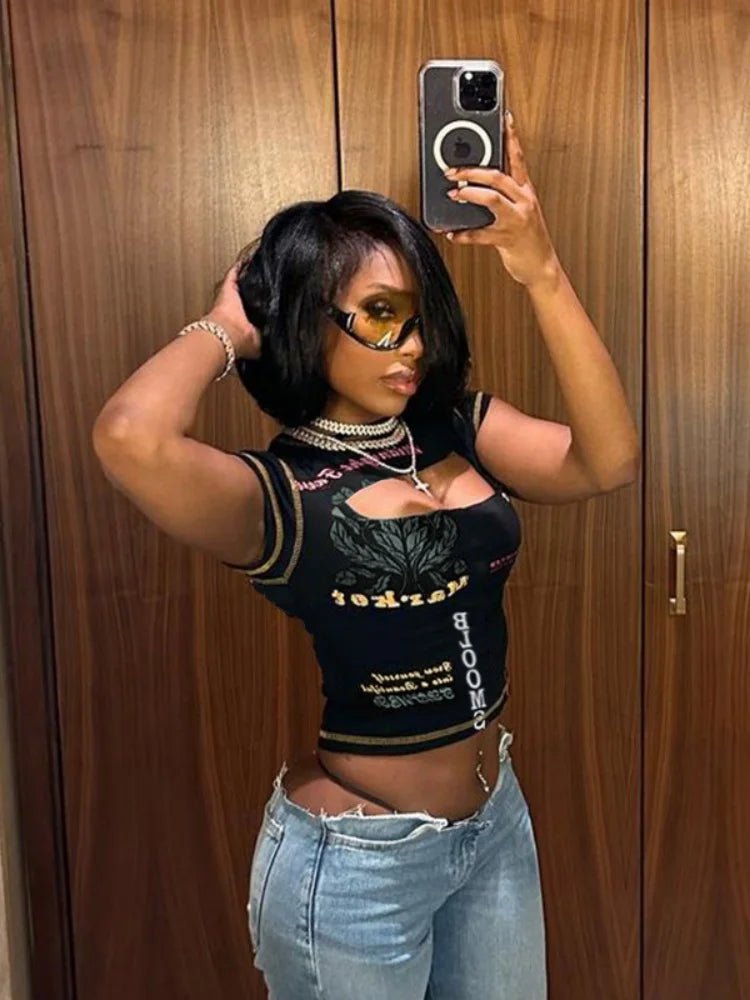 Graphic T Shirts For Women Streetwear Hollow Out Crop Top Women Y2k Clothes Short Sleeve Ropa Mujer Slim Camisetas Summer Outfit