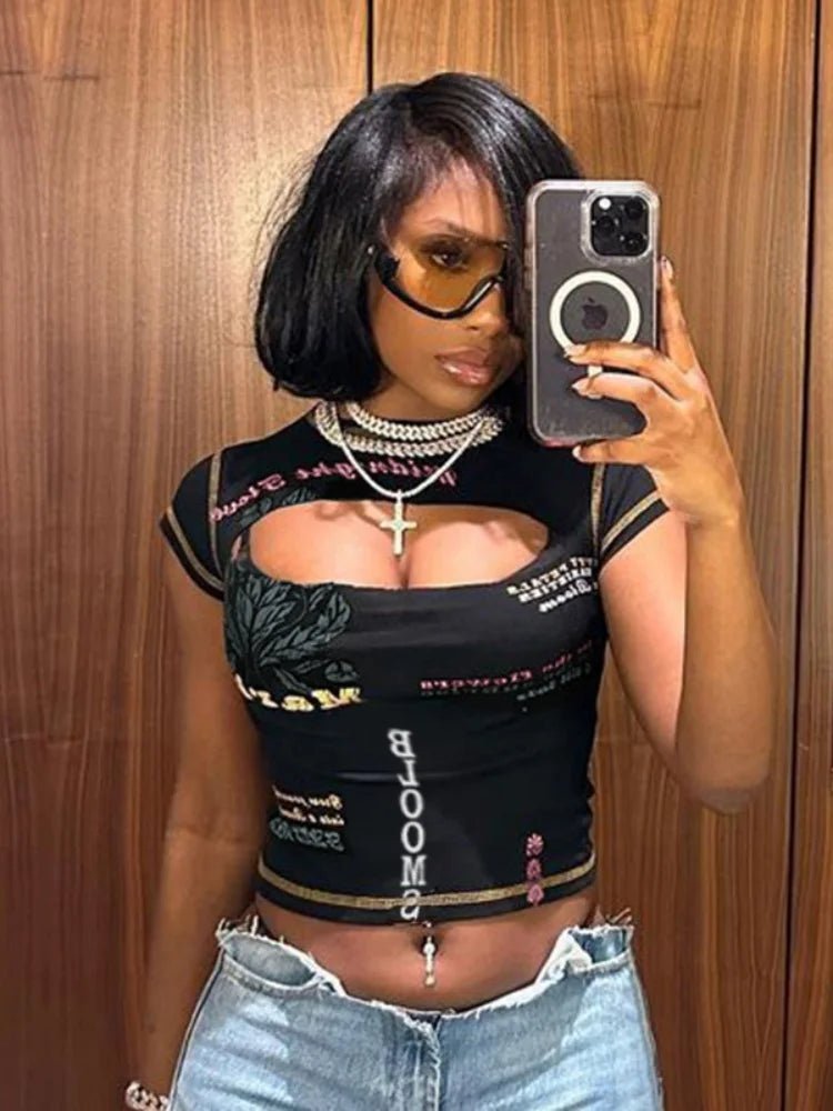 Graphic T Shirts For Women Streetwear Hollow Out Crop Top Women Y2k Clothes Short Sleeve Ropa Mujer Slim Camisetas Summer Outfit