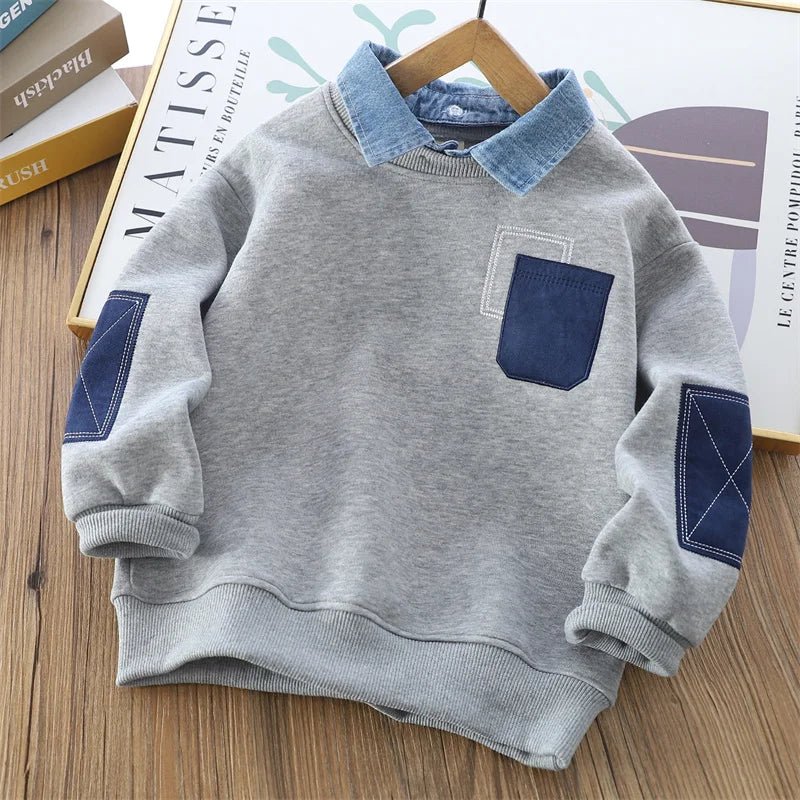 Kids Sweatshirt Boys Lapel Pullover Baby Collision Fashion Jumper Autumn Solid Casual Sports Tops 2025 Spring Children's Clothes